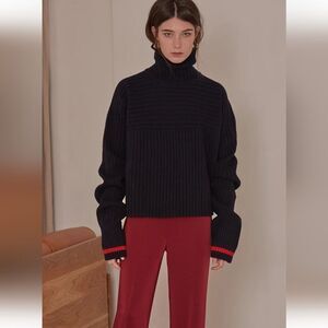 LOEIL Navy Blue Jupe Ribbed Drop Shoulder Turtleneck Wool Sweater Fits Sz Small